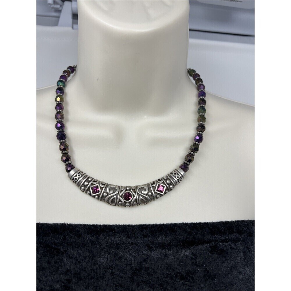 Chico's Necklace Silver Tone Collar Geometric Design Sparkle Purple Glass Beads